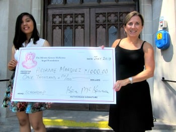 Arianne Marquez, Mount Saint Dominic Academy ’13, received a $1,000 scholarship from the Minette’s Angels Foundation. Suzy Grosso Loth ’84, sister of the late Minette Grosso McKenna, made the presentation.