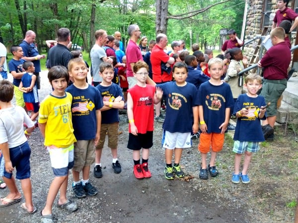 Elliott Ziebert, George Donnelly, Dylan Toriello, Matteo Salerno, Evan Carlson and Dylan Fillipazzo (l-r) line up for lunch at Camp Lewis.