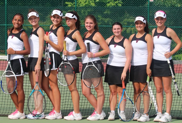 Tennis team seniors (l-r): Sam Tusi, Chloe Goulard,  Yaryna Borsuk, Brianna Semeraro, Alysia Vega, Allie Vaccaro, Gabby Brehne and Caroline Chivily