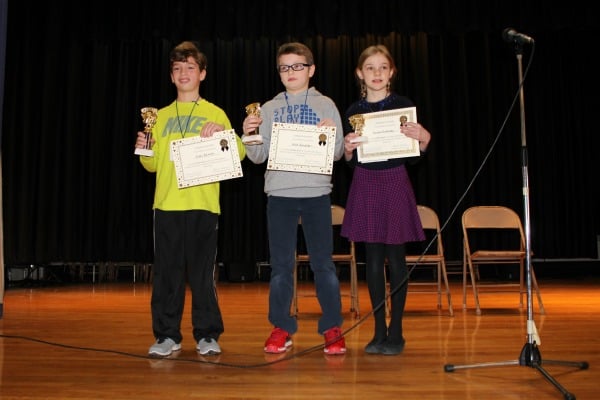 Evan Bannon, first place winner of the Spelling Bee sponsored by the Junior Woman’s Club of Verona; Nick Handler, second place winner; and Zoriana Horodysky, third place winner