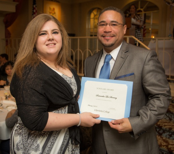 Samantha Lee Sweeney of Verona and Byron Hargrove, PhD, Professor, Humanities and Social Sciences, Berkeley College School of Liberal Arts. Ms. Sweeney received a scholarship to attend Berkeley College. 