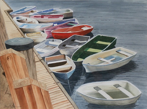 “Rockport Dinghies” is the title of a watercolor painting by Allen Taylor, one of 40 paintings in an exhibit with wife Ann C. Taylor, at the Gallery of Valley Hospital in Ridgewood.