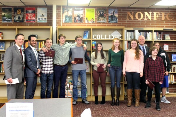 VHS Vice Principal Thomas Lancaster and Superintendent Rui Dionisio recognize the November and December students of the month (from left): Anthony Giuliano, Jack Farrell, Dean Ramsthaler, Maggie Maranz, Caitlin Klose, Maeve McGinley, Nicole Volpe, VHS Principal Josh Cogdill and Eric Torres.