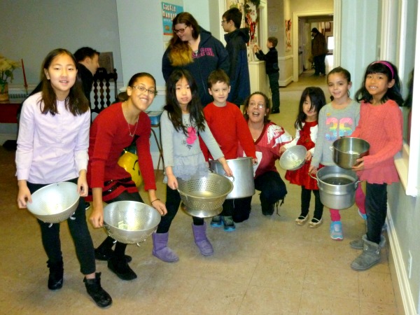 Kayla Kim, Ashley Duhaney, Stella Kim, Jack Hromoko, Eileen Kuhn, Cee Cee Kim, Julia Hromoko and Lea Tong collecting funds for last year’s Souper Bowl at First Presbyterian (photo by Margaret Whiting) 