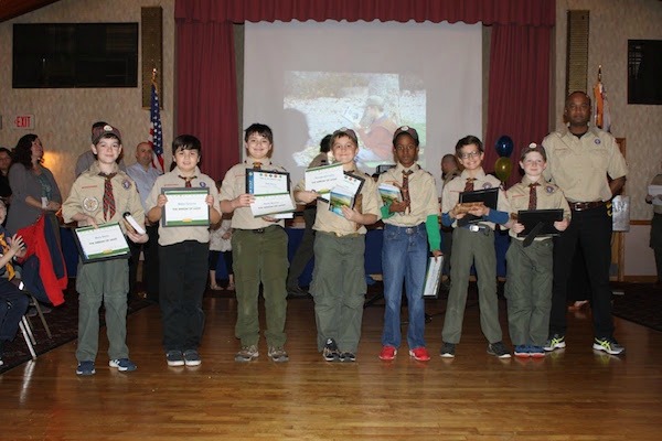 The following Cub Scouts earned the highest award in Scouting, the Arrow of Light, standing from left to right: Mark Serra, Mateo Salerno, Noah Boone, George Donnelly, Joey Andre, Gabriel Ali, Dylan Toriello.