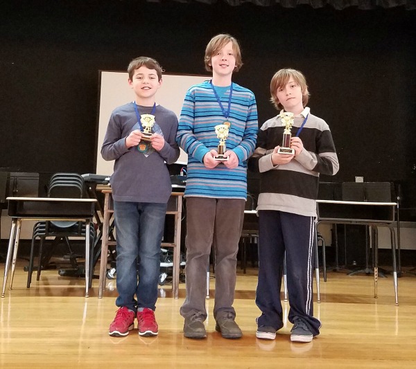 2017 Spelling bee winners (l-r), Owen Chanana, third place (Brookdale); Christopher Sluck, second place (HBW); and Stephen Gaffney, first place (F.N. Brown).