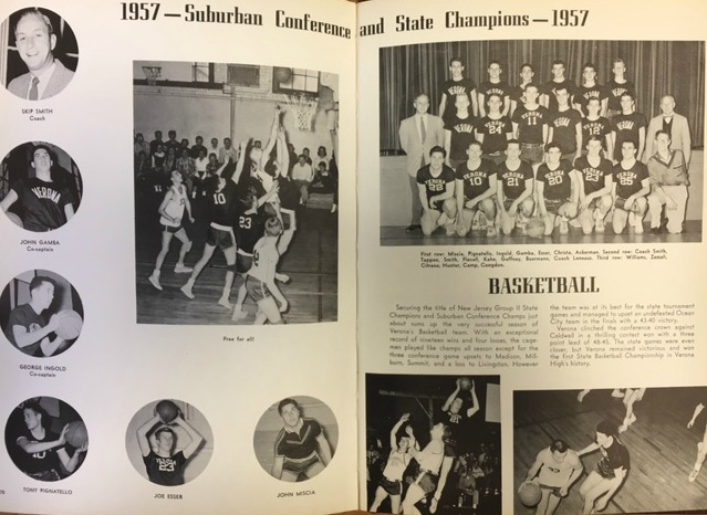 The 1957 basketball team's win earned it a two-page spread in the VHS yearbook.