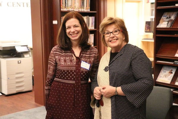 Cheryl Ashley and Mindy Rosenthal at the library's renovation celebration in February.