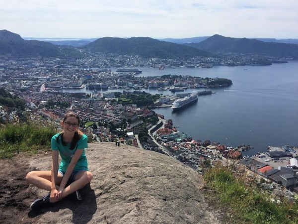Emily Andersen on the hills overlooking the coast in Bergen, Norway