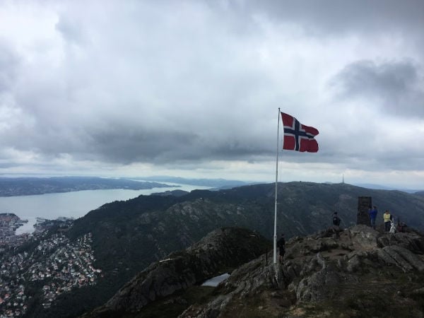 The Norwegian flag on a hilltop in Bergen, Norway